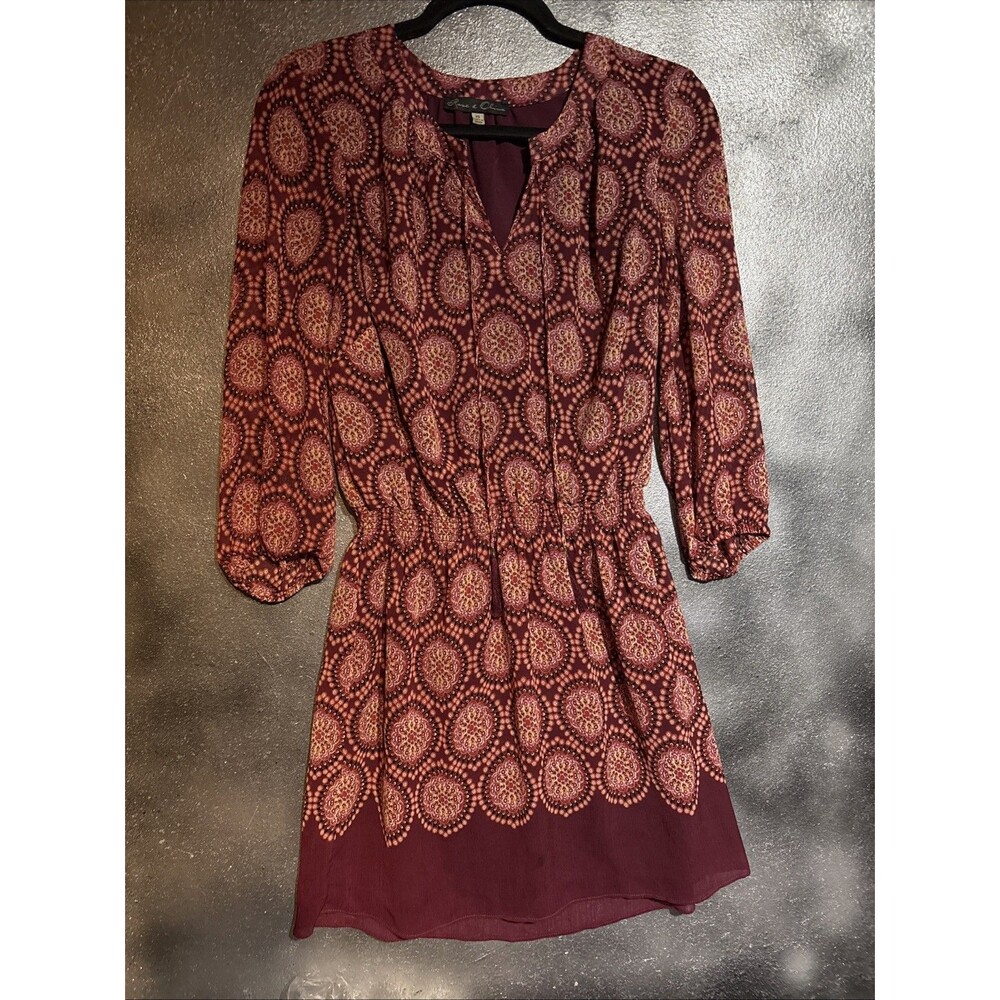 Rose & Olive Maroon/ Black Boho Midi Dress, Sz XSTapered waist Sheer Fully Lined
